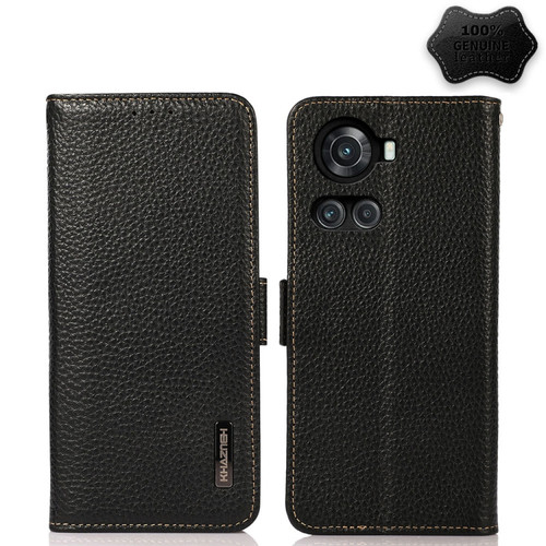 OnePlus 10R / Ace KHAZNEH Side-Magnetic Litchi Genuine Leather RFID Phone Case - Black