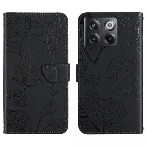 OnePlus 10T / Ace Pro HT03 Skin Feel Butterfly Embossed Flip Leather Phone Case - Black