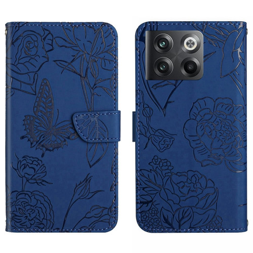 OnePlus 10T / Ace Pro HT03 Skin Feel Butterfly Embossed Flip Leather Phone Case - Blue