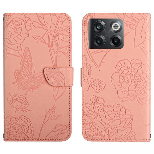 OnePlus 10T / Ace Pro HT03 Skin Feel Butterfly Embossed Flip Leather Phone Case - Pink