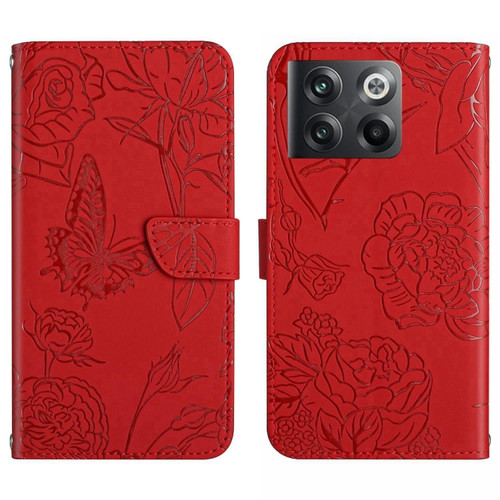 OnePlus 10T / Ace Pro HT03 Skin Feel Butterfly Embossed Flip Leather Phone Case - Red