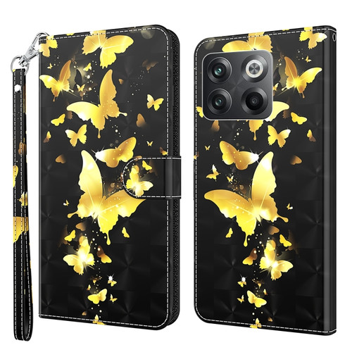 OnePlus 10T 3D Painting Pattern TPU + PU Phone Case - Gold Butterfly