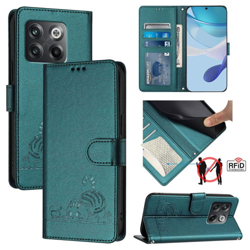 OnePlus 10T 5G Global Cat Rat Embossed Pattern RFID Leather Phone Case with Lanyard - Peacock Green