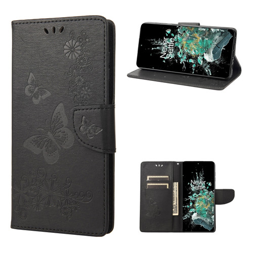 OnePlus 10T Butterfly Embossed Horizontal Flip Leather Phone Case - Black