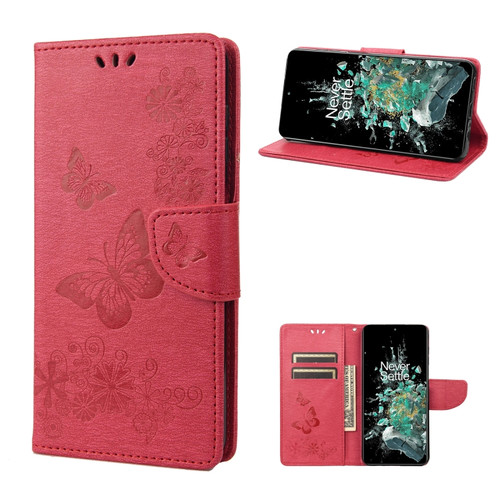 OnePlus 10T Butterfly Embossed Horizontal Flip Leather Phone Case - Red