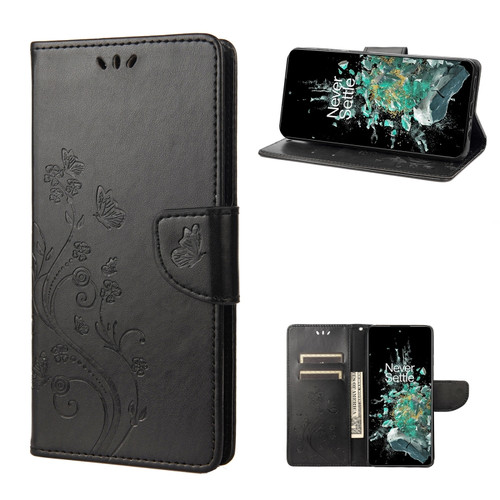 OnePlus 10T Butterfly Flower Pattern Flip Leather Phone Case - Black