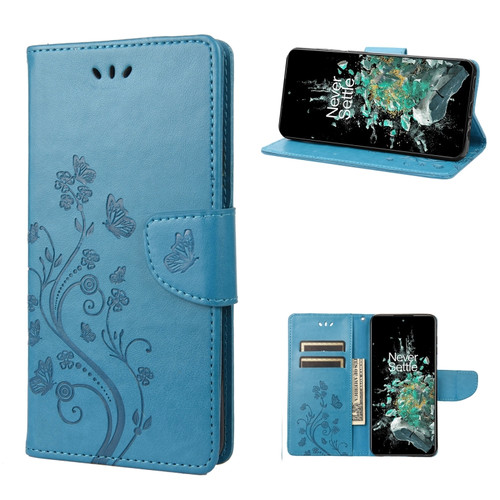 OnePlus 10T Butterfly Flower Pattern Flip Leather Phone Case - Blue