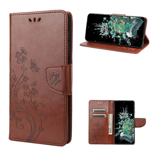 OnePlus 10T Butterfly Flower Pattern Flip Leather Phone Case - Brown