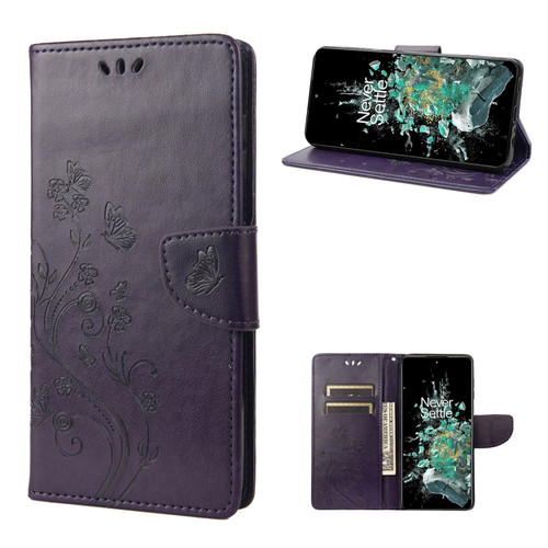 OnePlus 10T Butterfly Flower Pattern Flip Leather Phone Case - Dark Purple