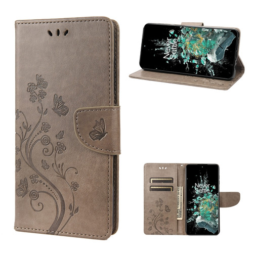 OnePlus 10T Butterfly Flower Pattern Flip Leather Phone Case - Grey