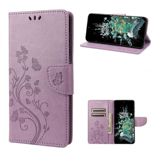 OnePlus 10T Butterfly Flower Pattern Flip Leather Phone Case - Light Purple