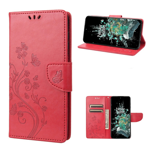 OnePlus 10T Butterfly Flower Pattern Flip Leather Phone Case - Red