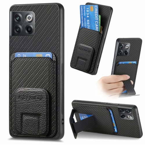 OnePlus 10T Carbon Fiber Card Bag Fold Stand Phone Case - Black