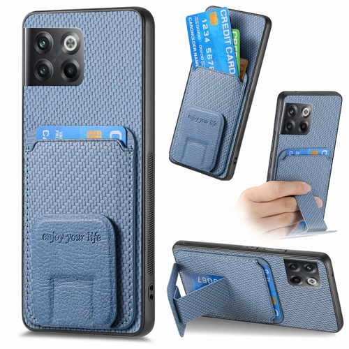 OnePlus 10T Carbon Fiber Card Bag Fold Stand Phone Case - Blue