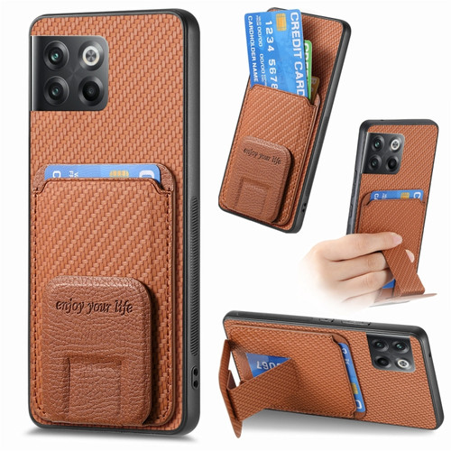 OnePlus 10T Carbon Fiber Card Bag Fold Stand Phone Case - Brown