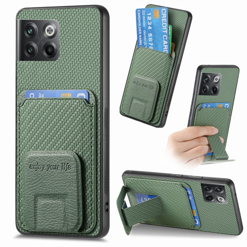 OnePlus 10T Carbon Fiber Card Bag Fold Stand Phone Case - Green