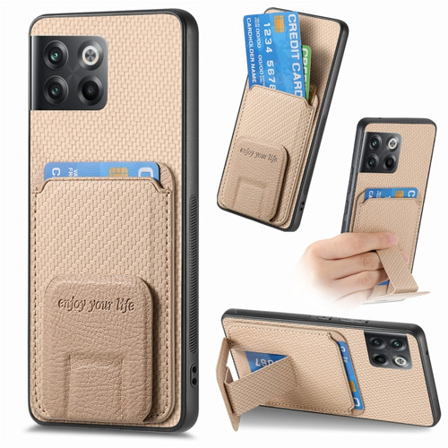 OnePlus 10T Carbon Fiber Card Bag Fold Stand Phone Case - Khaki