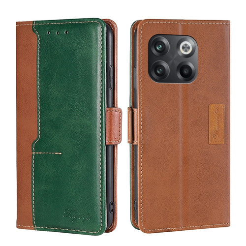 OnePlus 10T Contrast Color Side Buckle Leather Phone Case - Light Brown + Green