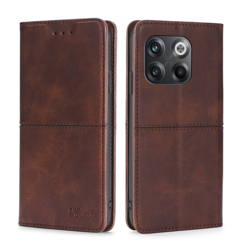 OnePlus 10T Cow Texture Magnetic Leather Phone Case - Dark Brown