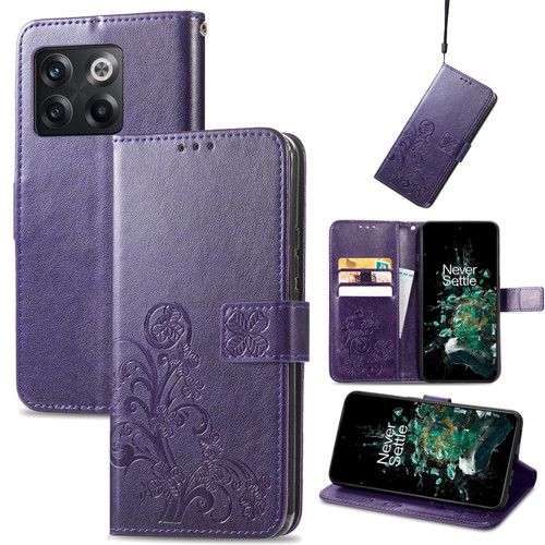OnePlus 10T Four-leaf Clasp Embossed Buckle Leather Phone Case - Purple