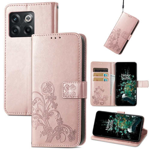 OnePlus 10T Four-leaf Clasp Embossed Buckle Leather Phone Case - Rose Gold