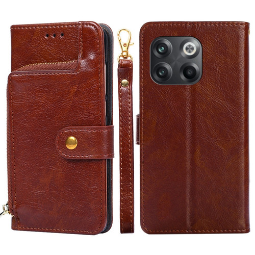 OnePlus 10T Zipper Bag Leather Phone Case - Brown