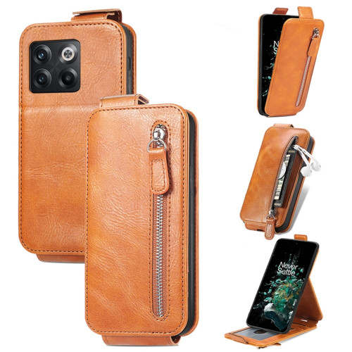 OnePlus 10T Zipper Wallet Vertical Flip Leather Phone Case - Brown