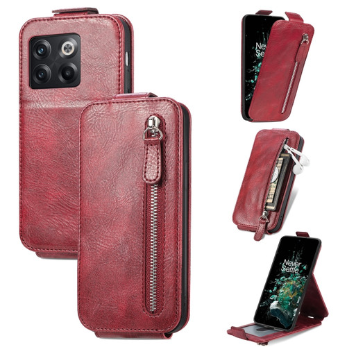 OnePlus 10T Zipper Wallet Vertical Flip Leather Phone Case - Red