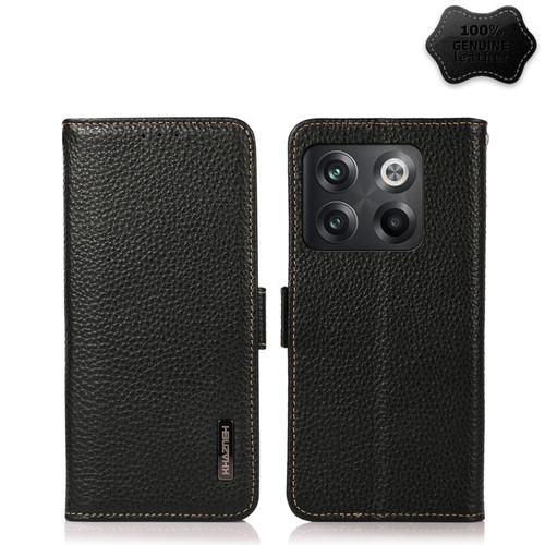 OnePlus 10T/Ace Pro KHAZNEH Side-Magnetic Litchi Genuine Leather RFID Phone Case - Black