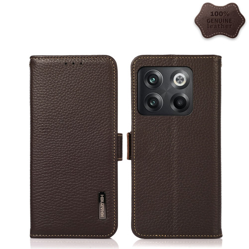 OnePlus 10T/Ace Pro KHAZNEH Side-Magnetic Litchi Genuine Leather RFID Phone Case - Brown