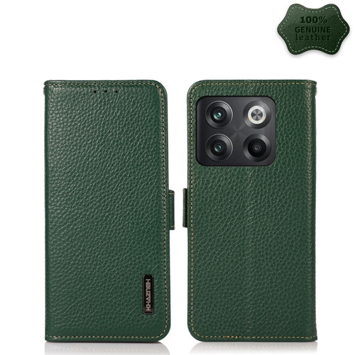 OnePlus 10T/Ace Pro KHAZNEH Side-Magnetic Litchi Genuine Leather RFID Phone Case - Green