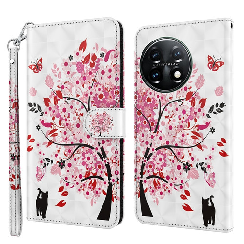 OnePlus 11 3D Painting Pattern TPU + PU Leather Phone Case - Cat Under The Tree