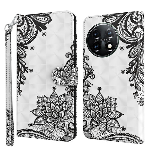 OnePlus 11 3D Painting Pattern TPU + PU Leather Phone Case - Diagonal Black Flower