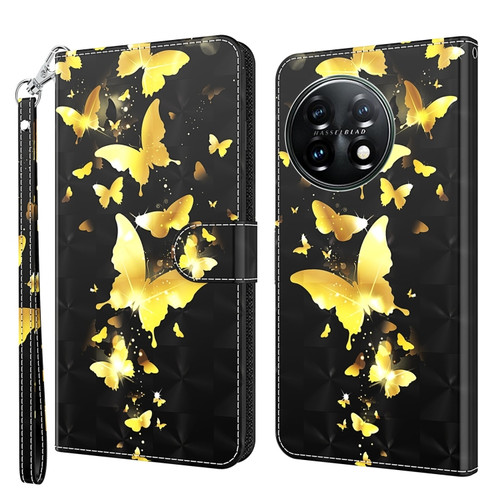 OnePlus 11 3D Painting Pattern TPU + PU Leather Phone Case - Gold Butterfly