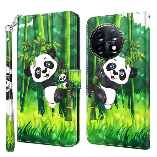 OnePlus 11 3D Painting Pattern TPU + PU Leather Phone Case - Panda Climbing Bamboo