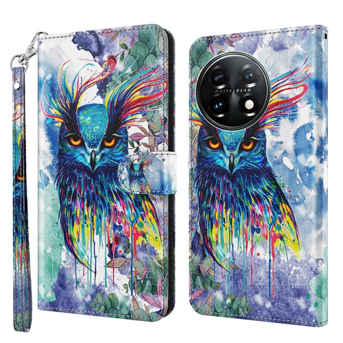 OnePlus 11 3D Painting Pattern TPU + PU Leather Phone Case - Watercolor Owl