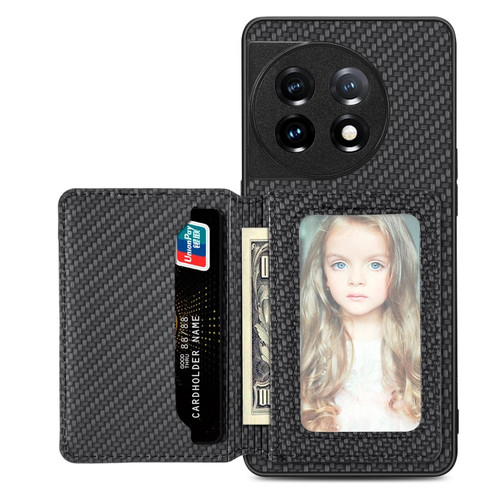 OnePlus 11 5G Carbon Fiber Magnetic Card Wallet Bag Phone Case - Black