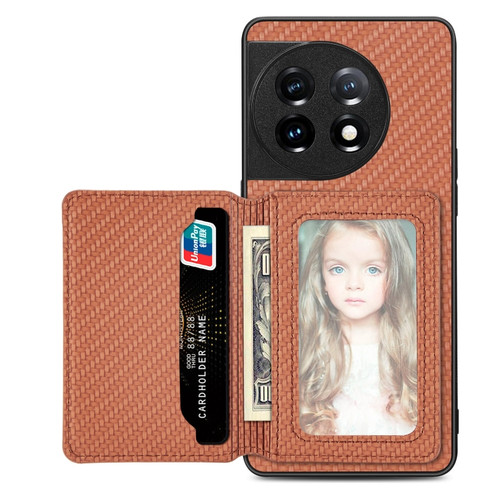 OnePlus 11 5G Carbon Fiber Magnetic Card Wallet Bag Phone Case - Brown
