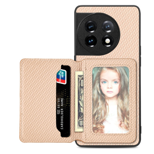 OnePlus 11 5G Carbon Fiber Magnetic Card Wallet Bag Phone Case - Khaki