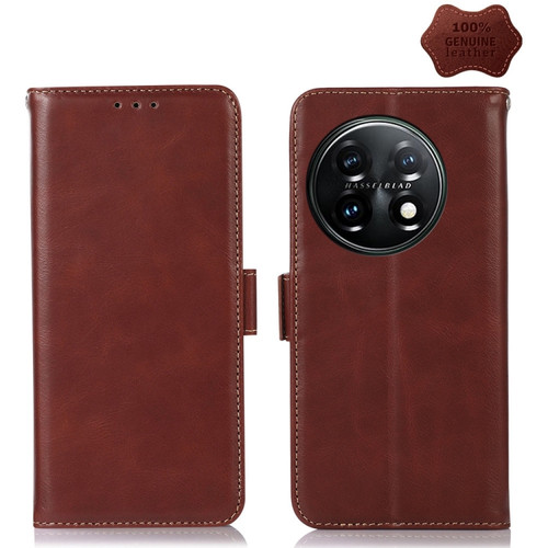 OnePlus 11 5G Crazy Horse Top Layer Cowhide RFID Leather Phone Case - Brown