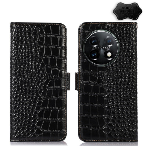 OnePlus 11 5G Crocodile Top Layer Cowhide RFID Leather Phone Case - Black