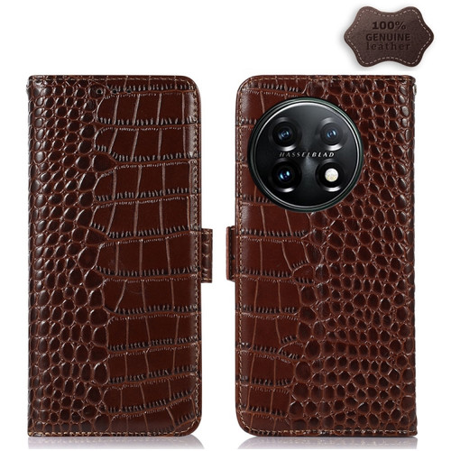 OnePlus 11 5G Crocodile Top Layer Cowhide RFID Leather Phone Case - Brown