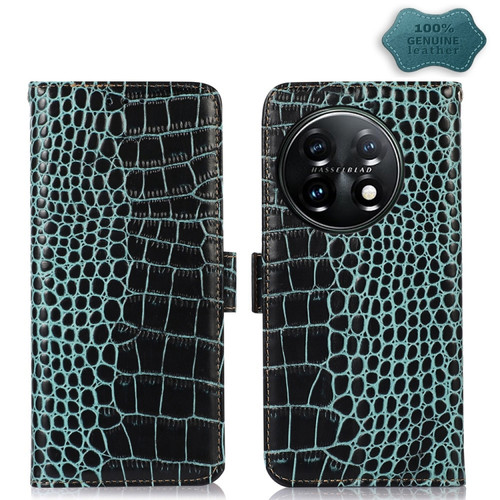 OnePlus 11 5G Crocodile Top Layer Cowhide RFID Leather Phone Case - Green