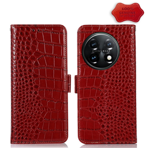 OnePlus 11 5G Crocodile Top Layer Cowhide RFID Leather Phone Case - Red