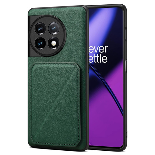 OnePlus 11 5G Denior Imitation Calf Leather Back Phone Case with Holder - Green