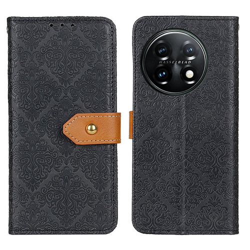 OnePlus 11 5G European Floral Embossed Flip Leather Phone Case - Black