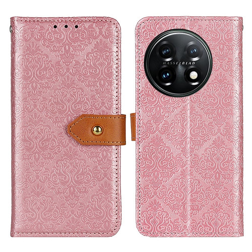 OnePlus 11 5G European Floral Embossed Flip Leather Phone Case - Pink