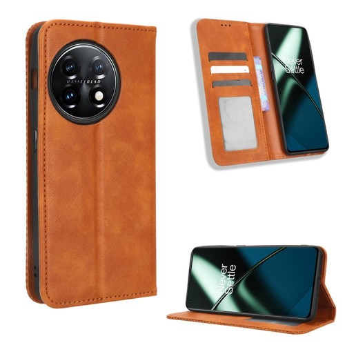 OnePlus 11 5G Magnetic Buckle Retro Texture Leather Phone Case - Brown