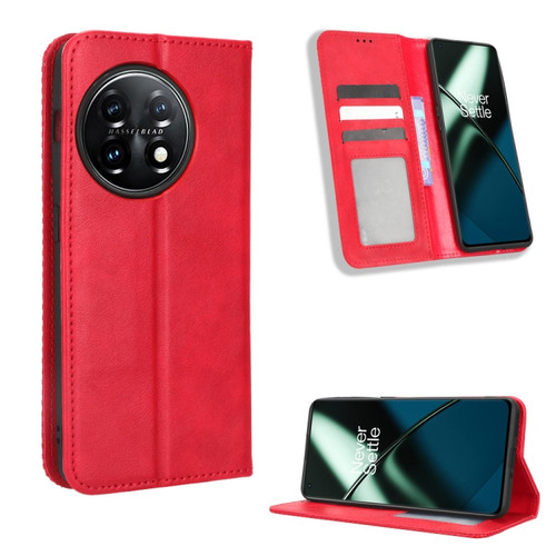 OnePlus 11 5G Magnetic Buckle Retro Texture Leather Phone Case - Red