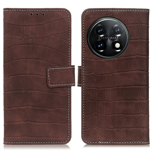 OnePlus 11 5G Magnetic Crocodile Texture Leather Phone Case - Brown